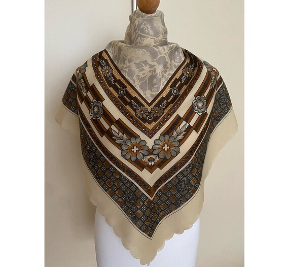 Vintage Folkloric Large Square Scarf Cream Brown … - image 8