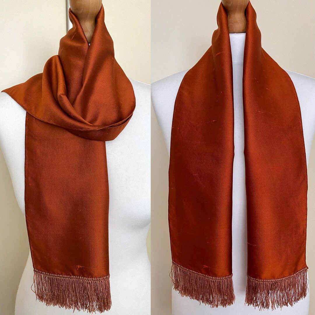 Vintage 80s Men's Women's Silk Shantung Long Fringe Scarf Rust