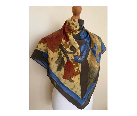 Foulard En Soie Vintage 65x67 Cm - Couleur Bleu Et Or - Sans Marque