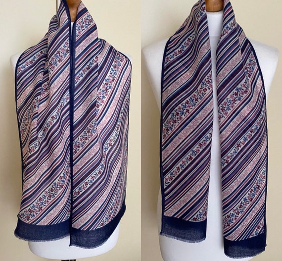 Vintage Wool Long Scarf Dark Blue Striped Floral … - image 2