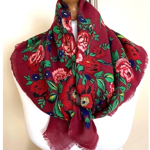 Vintage 80er Jahre Folkloristisches Bandana kleines quadratisches Tuch Retro Folk Bordeaux Grün Blau Gelb Viscose Boho Taschentuch Foulard, 26,5x27", 67 x 69 cm