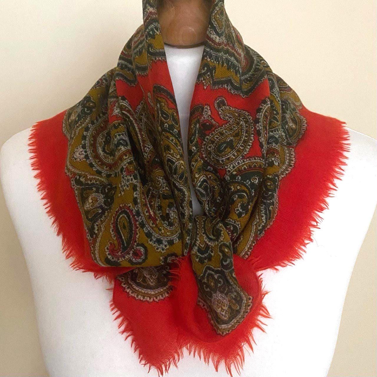 Vintage 60s 70s Wool Folkloric Small Scarf Bandana Red Mustard