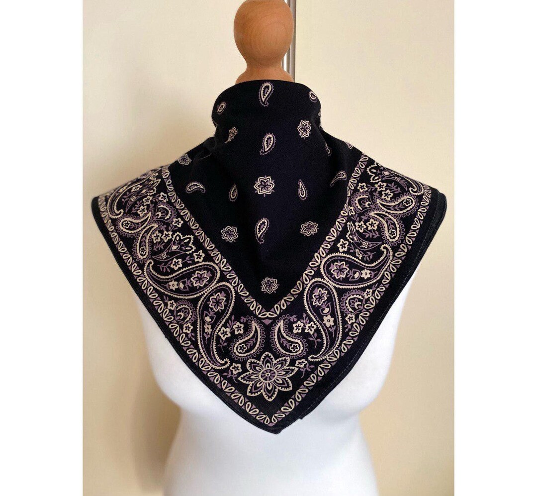 Vintage LOGG Cotton Bandana Black Purple Cream Small Cotton Scarf Boho ...