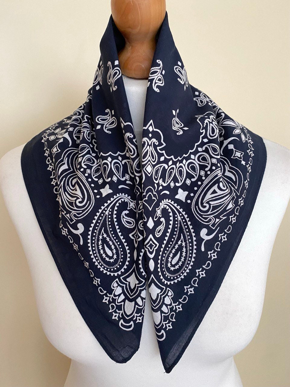 Vintage Cotton Bandana Navy White Boho Hippie Paisley Handkerchief ...