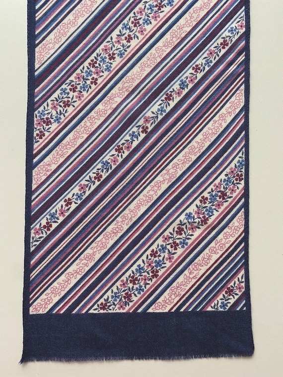 Vintage Wool Long Scarf Dark Blue Striped Floral … - image 7