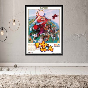 Può includere: Un poster vintage per un gioco arcade di Power Stone, un gioco di combattimento di Capcom. Il poster presenta un'illustrazione colorata dei personaggi del gioco, incluso il personaggio principale, che combattono in un mondo vibrante in stile cartone animato. Il poster è incorniciato in nero e presenta il testo "CAPCOM" e "POWER STONE" in grandi caratteri grassetto.