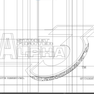 May include: Black and white line art illustration of the Street Fighter Alpha 3 logo. The logo features the text "Street Fighter Alpha" and a stylized number "3" with a textured background.