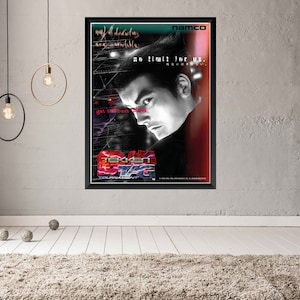 May include: A black and white poster with a red background featuring a man's face with the text "no limit for us" and "Tekken Tag Tournament".