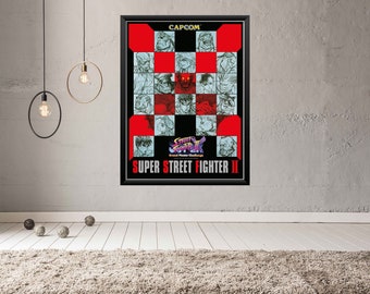 Puede incluir: Un póster negro y rojo con el título "Super Street Fighter II" y una cuadrícula de personajes del videojuego. El póster está enmarcado en negro.
