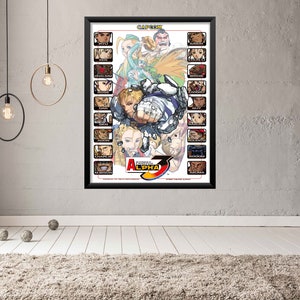 May include: A poster featuring the characters from the Street Fighter Alpha 3 video game. The poster is white with a black border and features the game's logo in the center. The characters are arranged in rows, with their names listed below each portrait.