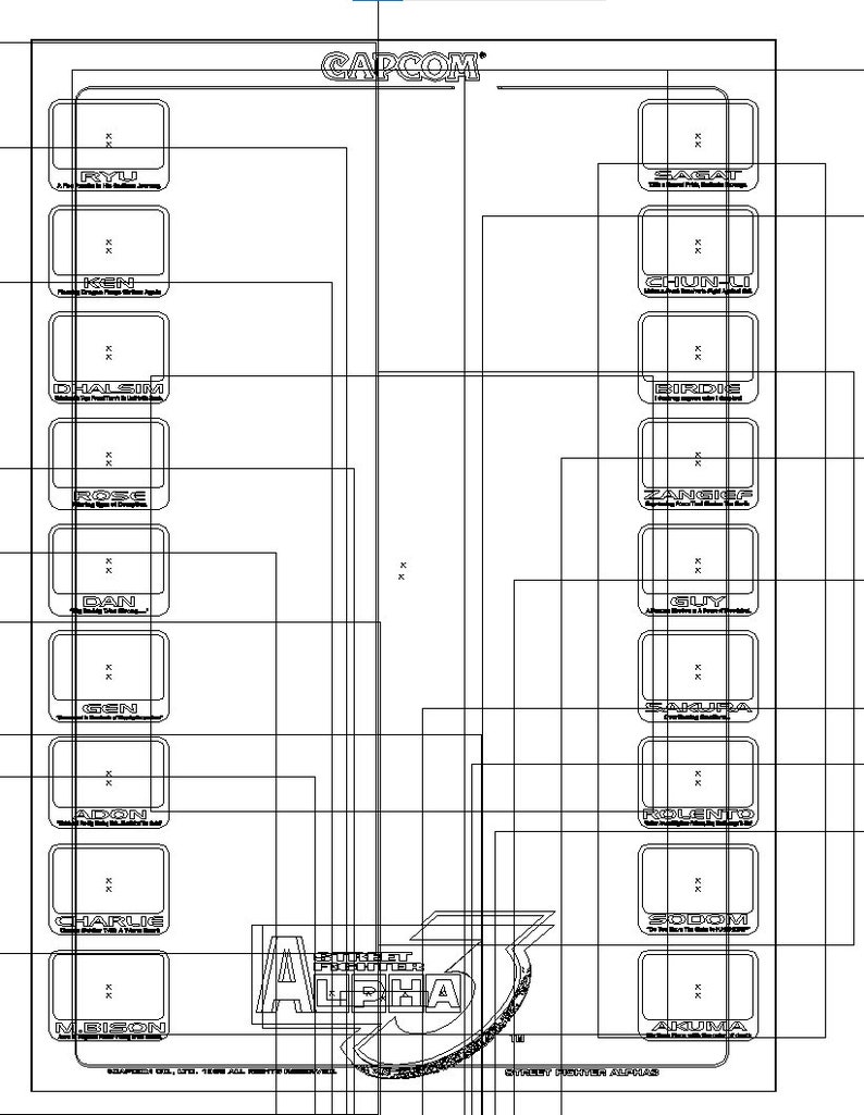May include: A black and white image of a fighting game character selection screen. The game is Street Fighter Alpha. The characters are Ryu, Ken,  Chun-Li, Sagat,  Zangief, Guile,  Charlie, M. Bison,  E. Honda,  Blanka,  Dan,  Gen,  Adon,  Sakura,  Rolento,  Zodom,  and  Aruma.