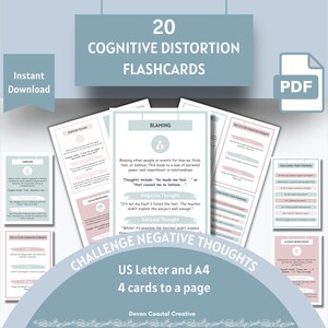 Flashcards de distorções cognitivas, Flashcards de pensamentos negativos automáticos, Recursos de terapia, Ferramenta de TCC, Cartões de estratégia de enfrentamento, Alívio da ansiedade