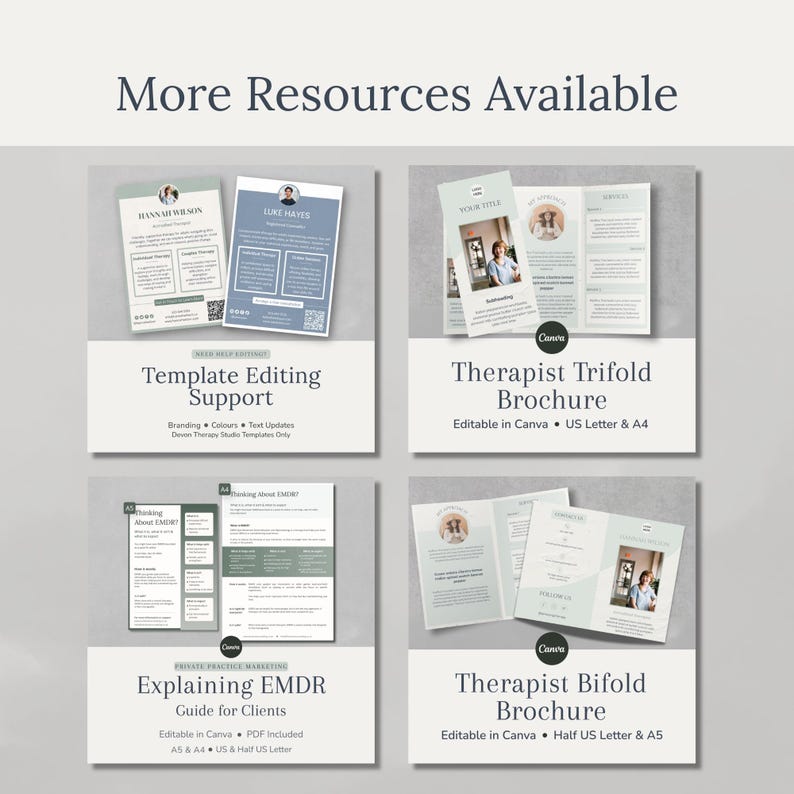May include: A collection of marketing templates for therapists, including brochures and guides. The image features various layouts with text such as "Template Editing Support" and "Therapist Trifold Brochure". The designs are in shades of blue and gray.