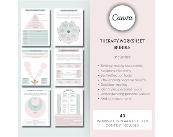 Therapy worksheets, Coach and Therapist Resources, Life Coaching Templates, Coach and Therapy Templates, CBT, Mental Health Bundle, Canva