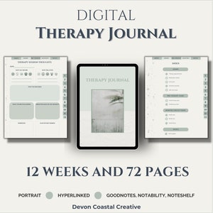 May include: Digital therapy journal with a green and white color scheme. The journal is designed for use with Goodnotes, Notability, and Noteshelf apps. The cover features a blurry image of a lake with trees in the background. The text "THERAPY JOURNAL" is displayed on the cover.