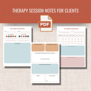 May include: Three printable PDF pages for therapy session notes. The pages are in a light blue, light pink, and light brown color scheme. The first page is titled "Post-Therapy Session Notes" and includes a mood tracker and space for notes. The second page is titled "Pre-Therapy Session Notes" and includes a symptom tracker and space for notes. The third page is titled "Resources and Homework" and includes space for notes and a section for homework.