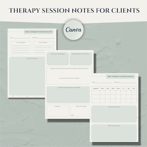 May include: Printable therapy session notes for clients. The notes are divided into two sections: pre-therapy session notes and post-therapy session notes. The pre-therapy session notes include a section for tracking symptoms, a calendar for tracking mood, and a section for writing down what the client wants to discuss. The post-therapy session notes include a section for writing down what the client felt before and after the session, what was discussed, what was challenging, and how the client can cope with the challenges.