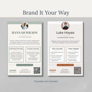 May include: Two professional business cards with the text "Brand It Your Way". One card features "Hannah Wilson, Accredited Therapist" and the other "Luke Hayes, Accredited EMDR Therapist". Both cards include contact information and QR codes.