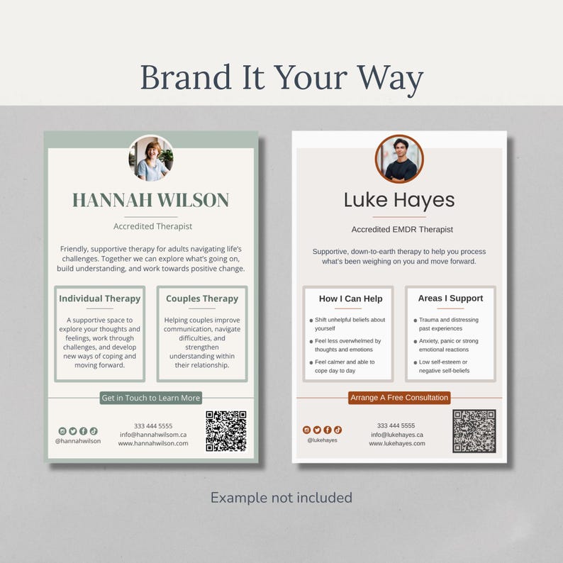 May include: Two professional business cards with the text "Brand It Your Way". One card features "Hannah Wilson, Accredited Therapist" and the other "Luke Hayes, Accredited EMDR Therapist". Both cards include contact information and QR codes.