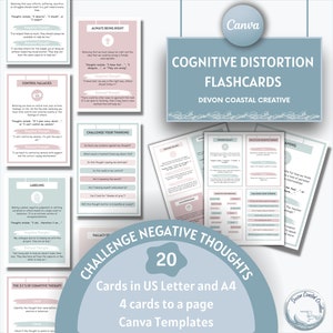 Cartes mémoire Canva sur les distorsions cognitives, cartes pensées négatives automatiques, ressources thérapeutiques, outil de TCC, cartes de stratégies d'adaptation, outil de coaching