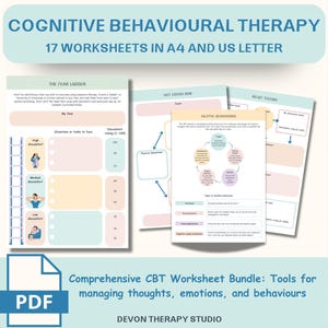 May include: A digital download of 17 printable worksheets for cognitive behavioral therapy (CBT). The worksheets are designed to help manage thoughts, emotions, and behaviors. The text "Comprehensive CBT Worksheet Bundle: Tools for managing thoughts, emotions, and behaviours" is displayed at the bottom of the image.