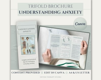 Anxiety Brochure Template, CBT, Anxiety Tools, Anxiety Symptoms, Anxiety Relief, Therapy Resources, Coaching Tools, Trifold Flyer, Canva