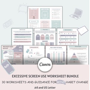 May include: A bundle of 30 printable worksheets and guidance for reducing excessive screen time. The worksheets are designed to help people develop healthy habits and reduce screen time. The worksheets are in a light pink and blue color scheme with illustrations of phones, laptops, and televisions. The text on the worksheets includes the words "Prolonged Screen Use Facts", "Weekly Screen Time Tracker", and "The Goal Pyramid".