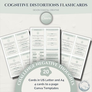 Cartes mémoire Canva sur les distorsions cognitives, cartes pensées négatives automatiques, ressources thérapeutiques, outil de TCC, cartes de stratégies d'adaptation, conseil