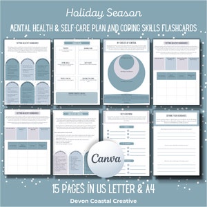 Könnte beinhalten: Ein Satz von 15 druckbaren Karteikarten, die bei der psychischen Gesundheit und Selbstpflege helfen sollen. Die Karteikarten sind in einem blau-weißen Farbschema mit hellblauem Hintergrund und weißem Text gehalten. Der Text auf den Karteikarten umfasst "Holiday Season", "Mental Health & Self-Care Plan and Coping Skills Flashcards", "Setting Healthy Boundaries", "My Circles of Control", "Self-Care Morning", "Define Your Boundaries" und "Canva".