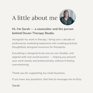 May include: Cream-colored page with the text "A little about me" and a photo of a woman. The text introduces Sarah, a counselor behind Devon Therapy Studio, and her experience in marketing. It also thanks customers for supporting her small business.