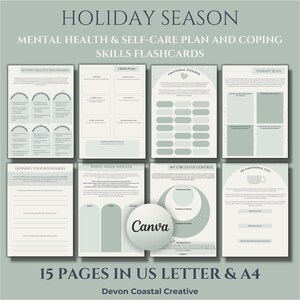 Könnte beinhalten: Ein Satz von 15 druckbaren Karteikarten für psychische Gesundheit und Selbstpflege für die Weihnachtszeit. Die Karteikarten sollen Menschen helfen, mit Stress und Angst während der Feiertage umzugehen. Die Karteikarten sind in einem hellgrünen Farbschema gehalten und behandeln eine Vielzahl von Themen, darunter das Setzen gesunder Grenzen, das Definieren Ihrer Grenzen, Wünsche Bedürfnisse sollten, meine Kreise der Kontrolle, meine emotionale Tasse und Therapieplan.