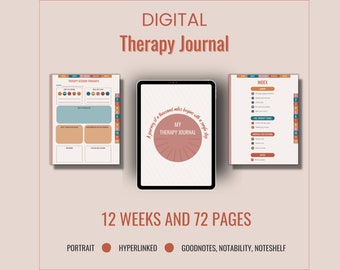 May include: Digital therapy journal with a peach and brown color scheme. The cover features the text "A journey of a thousand miles begins with a simple step. My Therapy Journal". The journal is 12 weeks and 72 pages long. The text "Portrait, Hyperlinked, Goodnotes, Notability, Noteshelf" is also included.