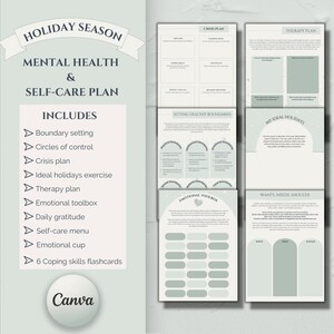 Könnte beinhalten: Ein druckbarer Selbstpflegeplan für die Weihnachtszeit. Der Plan umfasst Abschnitte für die Festlegung von Grenzen, Kontrollkreise, einen Krisenplan, eine Übung für ideale Feiertage, einen Therapieplan, eine emotionale Werkzeugkiste, tägliche Dankbarkeit, ein Selbstpflegemenü, eine emotionale Tasse und Karteikarten mit Bewältigungsfähigkeiten. Der Plan soll Menschen helfen, Stress und Angst während der Weihnachtszeit zu bewältigen.