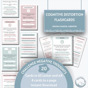 Tarjetas didácticas de distorsiones cognitivas, Tarjetas didácticas automáticas de pensamientos negativos, Recursos de terapia, Herramienta TCC, Tarjetas de estrategia de afrontamiento, Alivio de la ansiedad