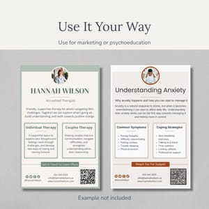 May include: Two informational flyers with a light green and white color scheme. The left flyer is for individual and couples therapy with the text "Hannah Wilson, Accredited Therapist." The right flyer is about understanding anxiety.
