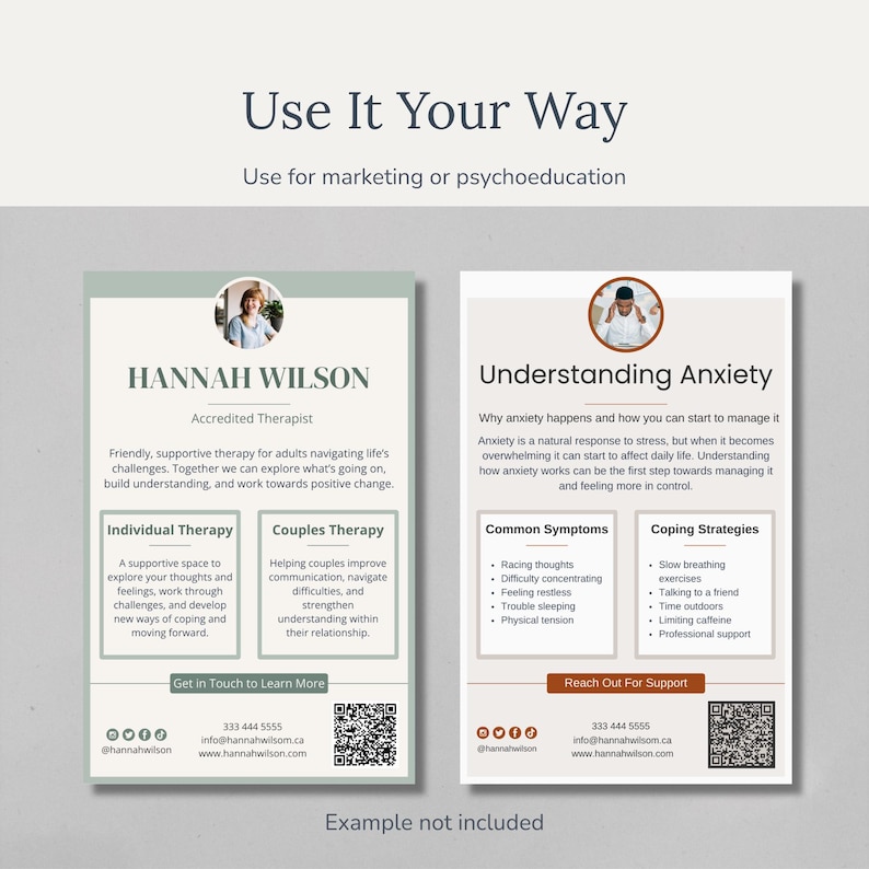 May include: Two informational flyers with a light green and white color scheme. The left flyer is for individual and couples therapy with the text "Hannah Wilson, Accredited Therapist." The right flyer is about understanding anxiety.