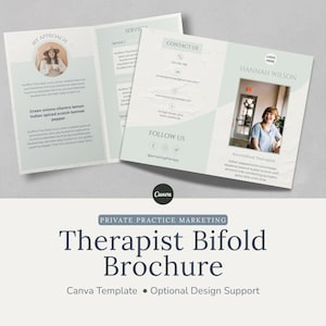 May include: A light green and white therapist bifold brochure. The brochure includes the text "Therapist Bifold Brochure" and "Canva Template". The brochure also includes a photo of a woman and the text "Hannah Wilson".