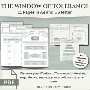 Ventana de tolerancia, terapia del trauma, hojas de trabajo de salud mental, tarjetas de habilidades de afrontamiento, TCC, TEPT, TCD, alivio de la ansiedad, regulación emocional