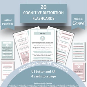 Cartes mémoire Canva sur les distorsions cognitives, cartes pensées négatives automatiques, ressources thérapeutiques, outil de TCC, cartes de stratégies d'adaptation, outil de coaching