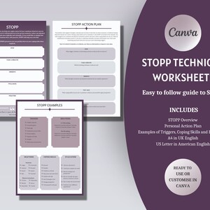 STOPP CBT Worksheets, Therapy Worksheets, Anxiety Worksheet, Emotional Regulation, Counselling Resources, Coaching Templates, Canva Template