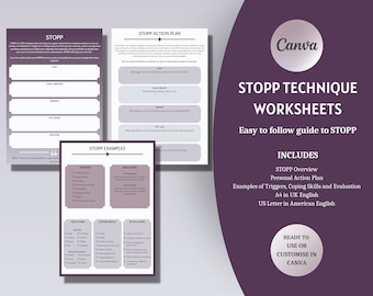 STOPP CBT Worksheets, Therapy Worksheets, Anxiety Worksheet, Emotional Regulation, Counselling Resources, Coaching Templates, Canva Template
