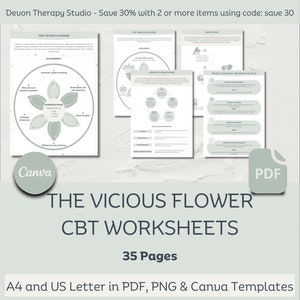 May include: A set of printable worksheets for Cognitive Behavioural Therapy (CBT) called "The Vicious Flower". The worksheets are designed to help people understand and manage their negative thoughts and feelings. The worksheets are available in PDF, PNG, and Canva formats. The text on the image says "The Vicious Flower CBT Worksheets 35 Pages A4 and US Letter in PDF, PNG & Canva Templates".