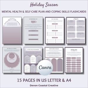 Könnte beinhalten: Ein Satz von 15 druckbaren Karteikarten, die während der Weihnachtszeit bei der psychischen Gesundheit und Selbstpflege helfen sollen. Die Karteikarten behandeln eine Vielzahl von Themen, darunter das Setzen gesunder Grenzen, Stressbewältigung und Bewältigungsmechanismen. Die Karteikarten sind in einem hellvioletten Farbschema mit einem dekorativen Rand gehalten.