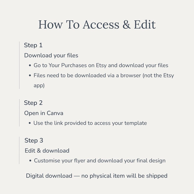 May include: A digital download guide titled "How To Access & Edit" on a cream background. Instructions include downloading files from Etsy, opening in Canva, and editing. The guide emphasizes that no physical item will be shipped.