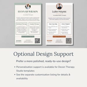 May include: Two business card designs for therapists, featuring headshots and contact information. The cards have a minimalist design with text in a modern font. One card is for Hannah Wilson, the other for Luke Hayes. The bottom of the image has text about design support.
