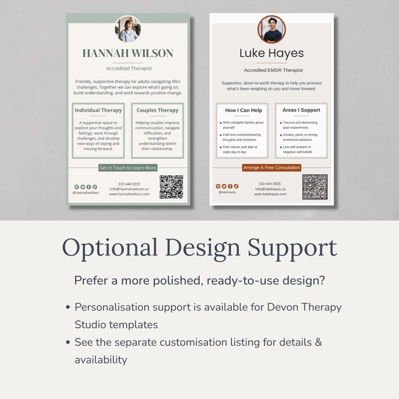 May include: Two business card designs for therapists, featuring headshots and contact information. The cards have a minimalist design with text in a modern font. One card is for Hannah Wilson, the other for Luke Hayes. The bottom of the image has text about design support.