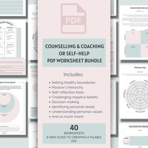 Könnte beinhalten: Ein digitales Download-Paket mit 40 druckbaren PDF-Arbeitsblättern für Selbsthilfe und Coaching. Die Arbeitsblätter behandeln Themen wie das Setzen gesunder Grenzen, die Maslow'sche Bedürfnispyramide, Selbstreflexion, die Infragestellung negativer Glaubenssätze, Entscheidungsfindung, die Identifizierung persönlicher Bedürfnisse, das Verständnis persönlicher Werte und vieles mehr. Das Paket enthält außerdem eine Minianleitung zum Erstellen von ausfüllbaren PDFs.