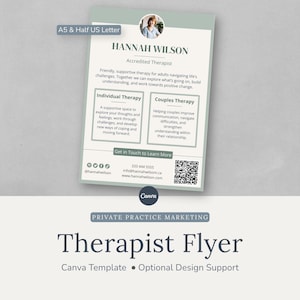 Op de afbeelding: Een flyer voor een therapeut met een lichtgroen en wit ontwerp. De flyer bevat de naam van de therapeut, contactgegevens en aangeboden diensten, zoals individuele en relatietherapie. De tekst "Therapist Flyer" staat onderaan.