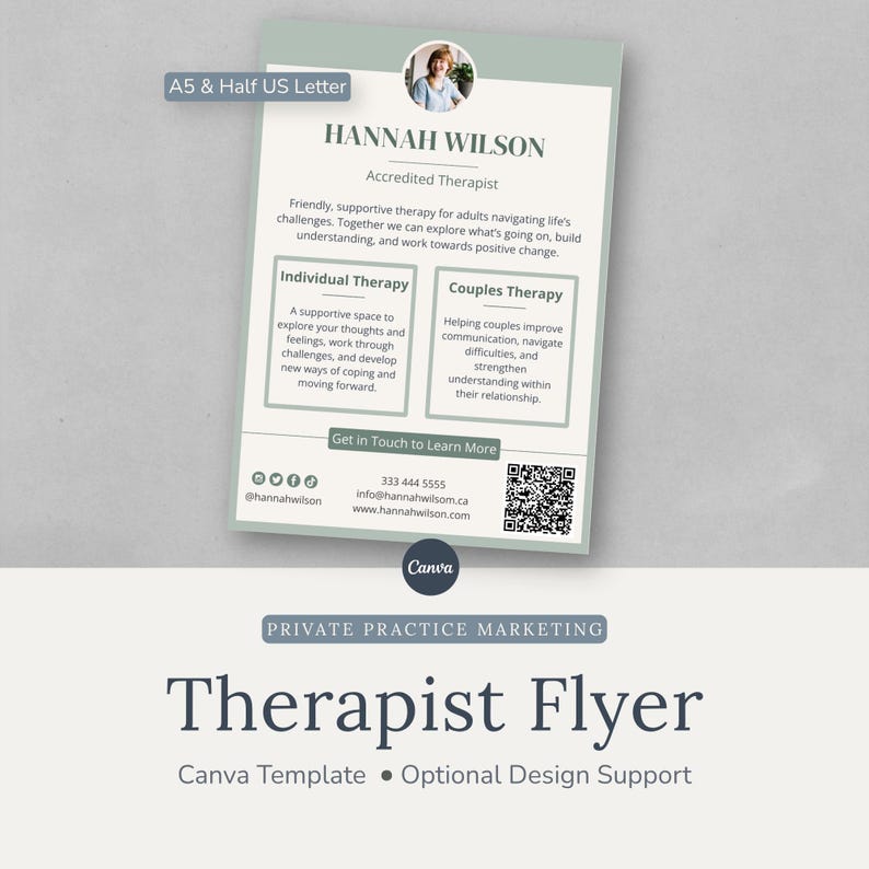 Image shows a flyer template in cream and light sage green designed for therapists to use as a marketing or psychoeducation tool. Editable in Canva with optional design support add-on.