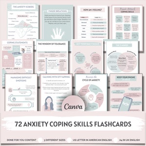 Tarjetas didácticas para afrontar la ansiedad, herramientas para la ansiedad, herramientas terapéuticas, herramientas de coaching, habilidades de TCD/TCC, tarjetas de afirmación, ayuda para el consejero escolar
